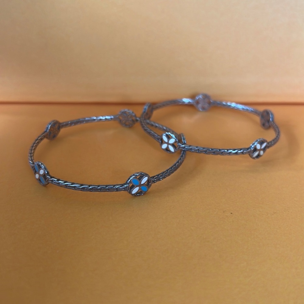 John Hardy sterling, white and turquoise enamel kawung stack bangle bracelets.